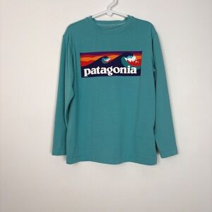 Patagonia Boys Capilene Cool Daily Long Sleeve T Shirt Size Small Wave Logo Teal